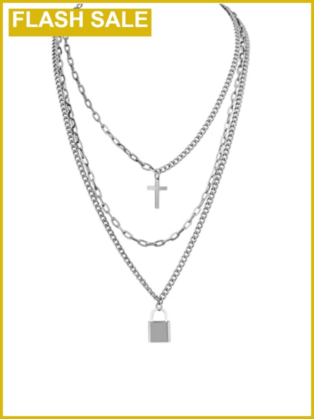 Gothic Layered Stainless Steel Cross Lock Pendant Necklace 3 Chain